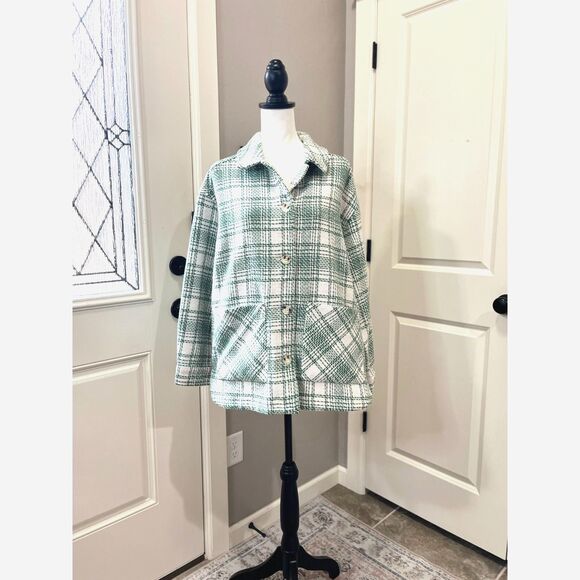 Ott Green & White Plaid Button Front Shacket Jacket – Size M/L - Picture 6 of 13